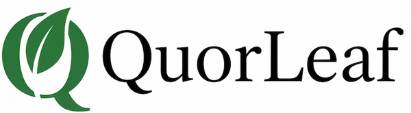 The QuorLeaf logo, featuring a green stylized leaf emblem next to the brand name 'QuorLeaf' in black serif text, set against a plain white background.