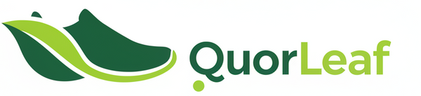 The QuorLeaf logo is displayed on a solid white background. The logo features a stylized green leaf and bean motif in dark and light green, alongside the brand name 'QuorLeaf' in dark green and light green sans-serif text.